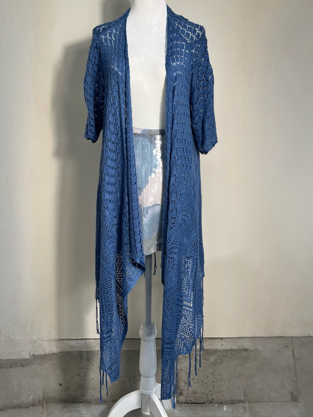 One World Blue Long Open Front Crochet Cardigan Duster Kimono Boho Fits S To 2XL